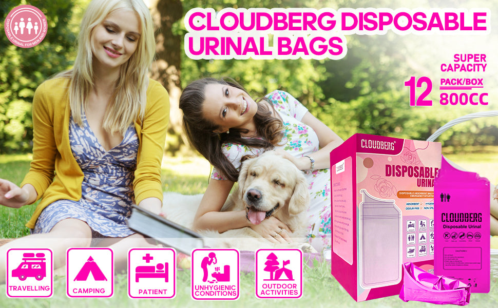CLOUDBERG Disposable Pee Bags, 12 Pcs Pink 800 ml Unisex Urine Bags