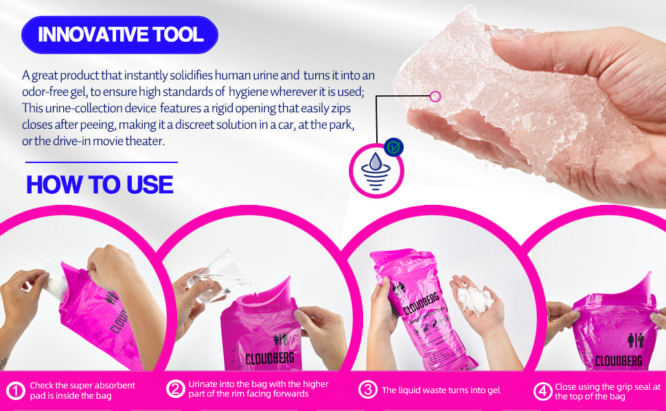 CLOUDBERG Disposable Pee Bags, 12 Pcs Pink 800 ml Unisex Urine Bags