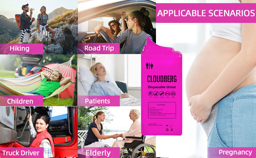 CLOUDBERG Disposable Pee Bags, 12 Pcs Pink 800 ml Unisex Urine Bags