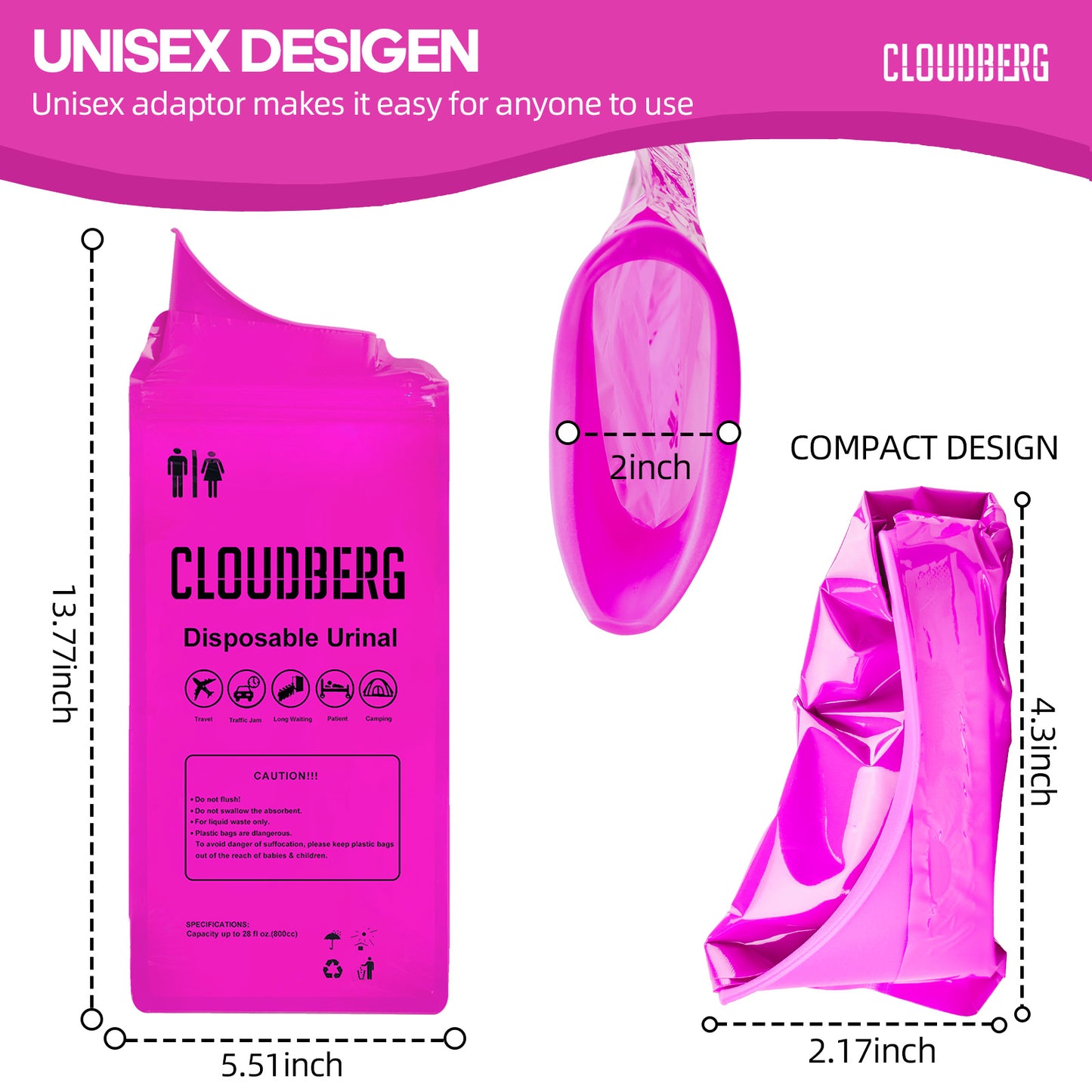 CLOUDBERG Disposable Pee Bags, 12 Pcs Pink 800 ml Unisex Urine Bags