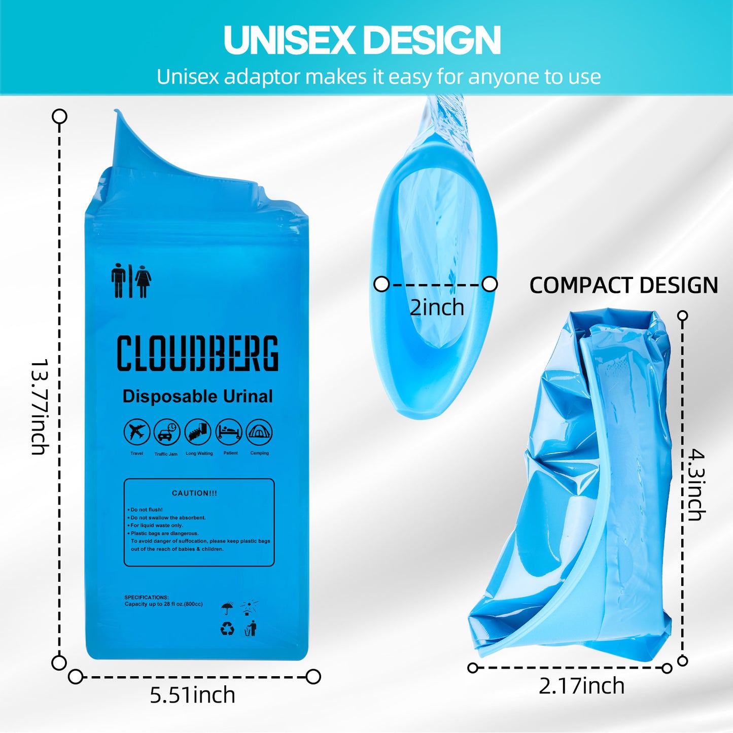 CLOUDBERG Disposable Pee Bags, 12 Pcs Blue 800 ml Unisex Urine Bags
