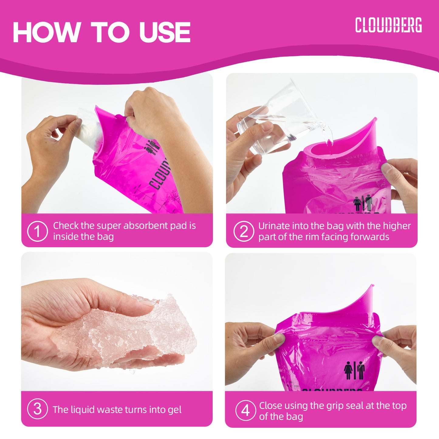 CLOUDBERG Disposable Pee Bags, 12 Pcs Pink 800 ml Unisex Urine Bags