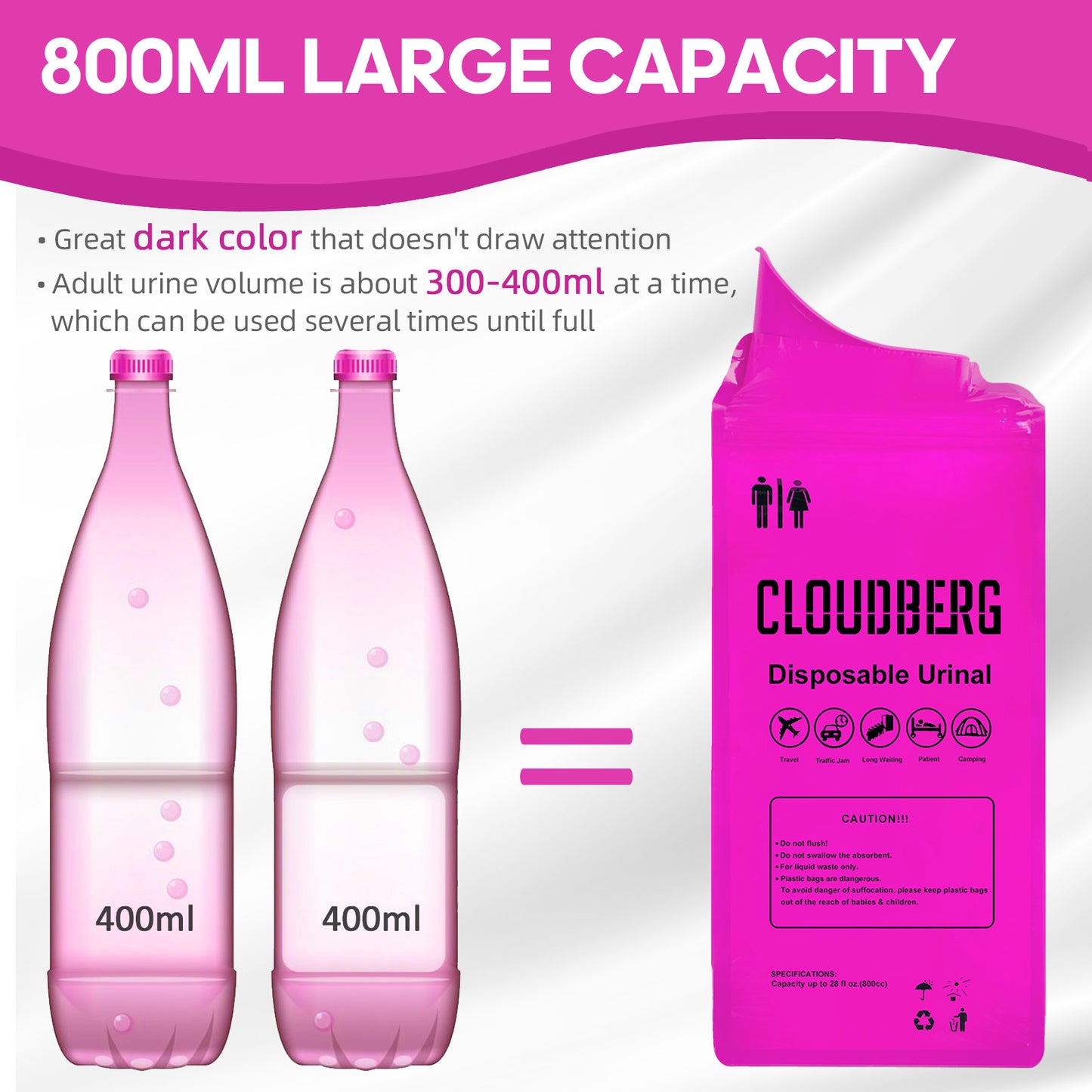 CLOUDBERG Disposable Pee Bags, 12 Pcs Pink 800 ml Unisex Urine Bags