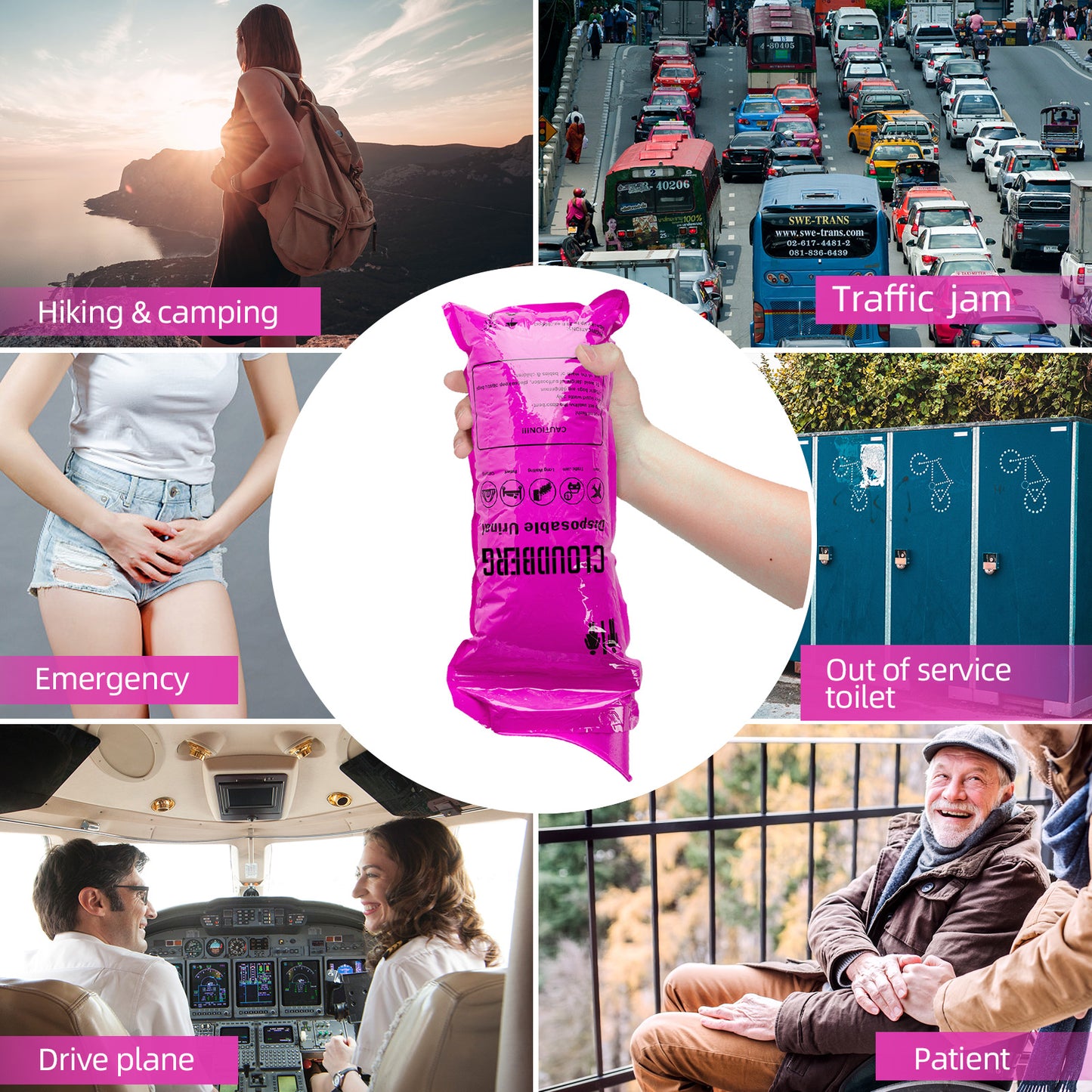 CLOUDBERG Disposable Pee Bags, 12 Pcs Pink 800 ml Unisex Urine Bags