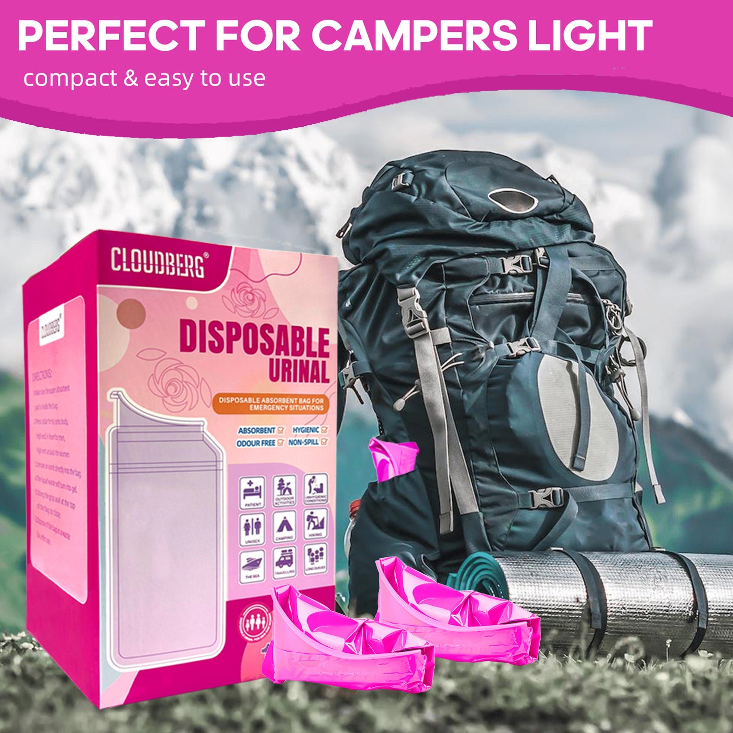 CLOUDBERG Disposable Pee Bags, 12 Pcs Pink 800 ml Unisex Urine Bags