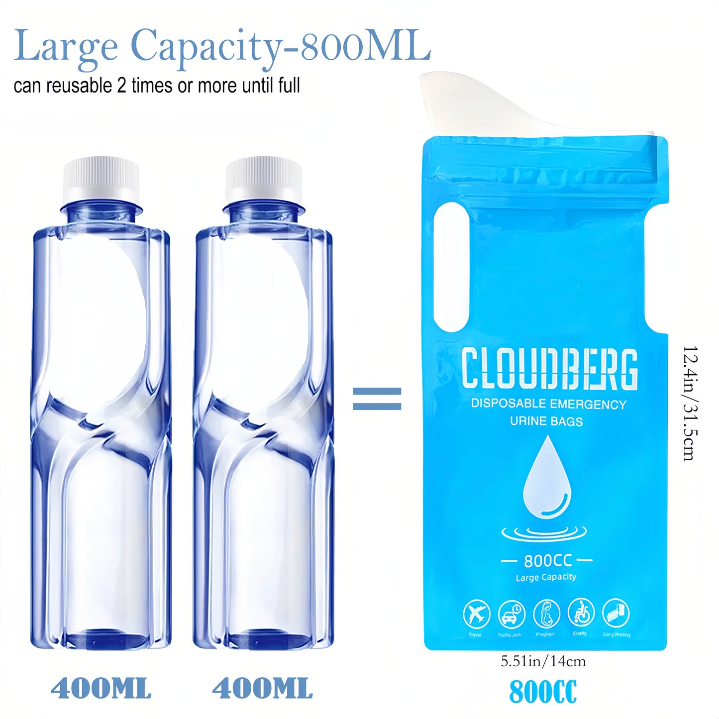 CLOUDBERG 20 Pcs Pee Bags,  800 ml Disposable Unisex Urine Bags