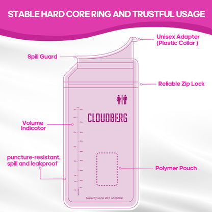 CLOUDBERG Disposable Pee Bags, 12 Pcs Pink 800 ml Unisex Urine Bags
